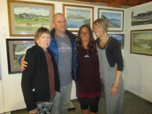 Raglan artist Jenny Rhodes at the opening with with her son Dominic, and her daughters Anastasia and Bernadette