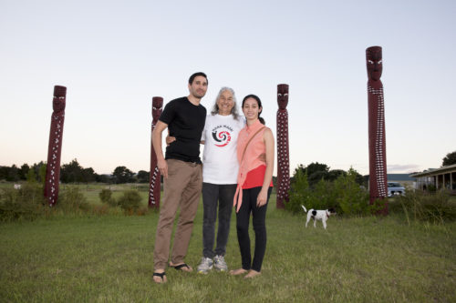 Ihaia, Angeline and Waikauri at Te Kōpua (with Chewy in the background). Photograph Maarten Holl, Te Papa